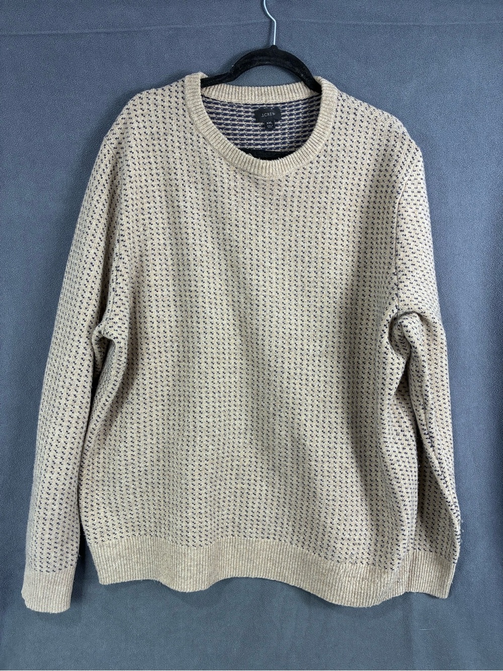J.Crew Men’s XXL Merino Wool Sweater Tan Navy Birdseye Knit Crewneck